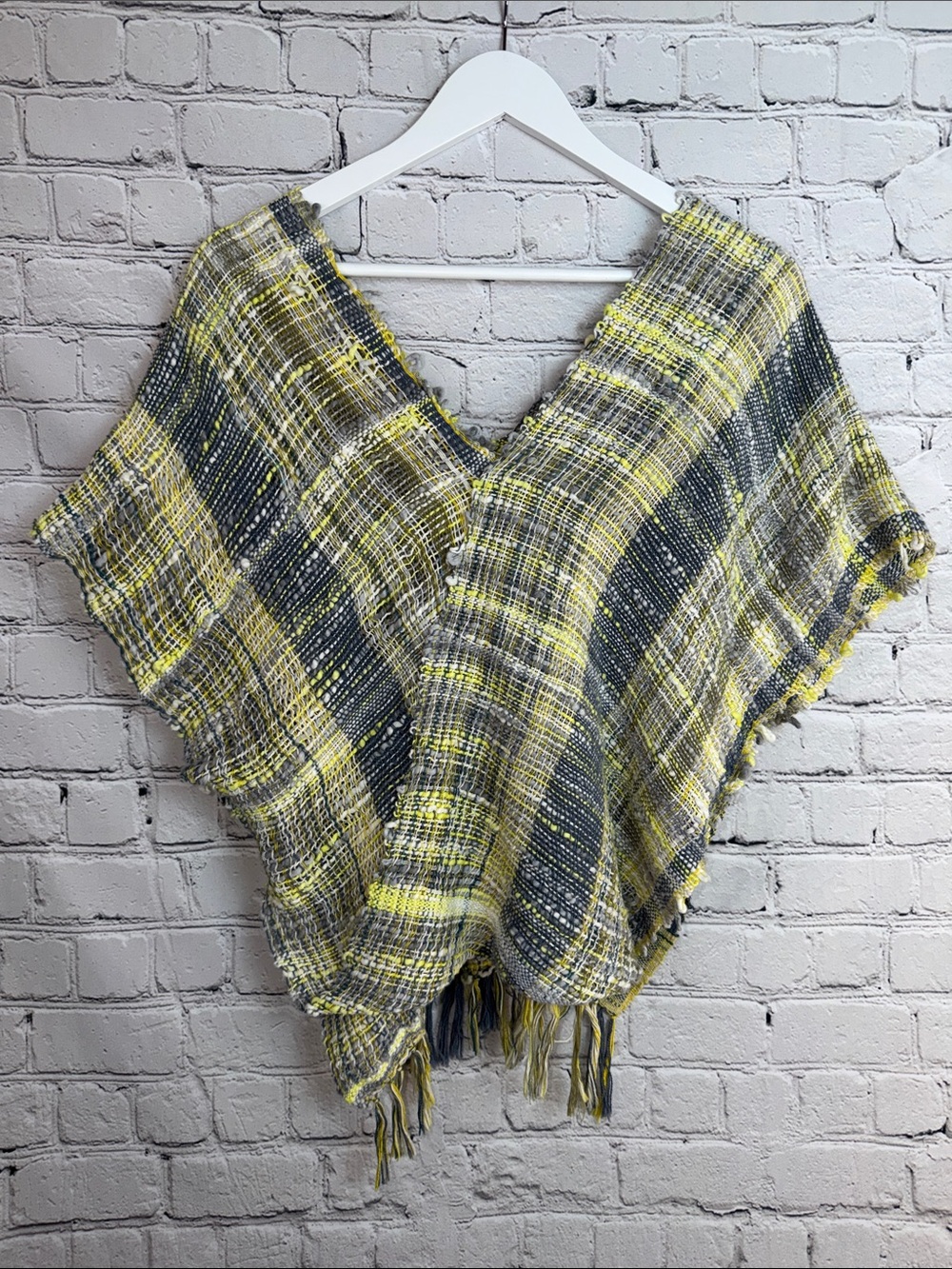 SAORI STYLE Hand-Loomed Open Knit Poncho Yellow Denim Blue Gray Fringe Santa Fe